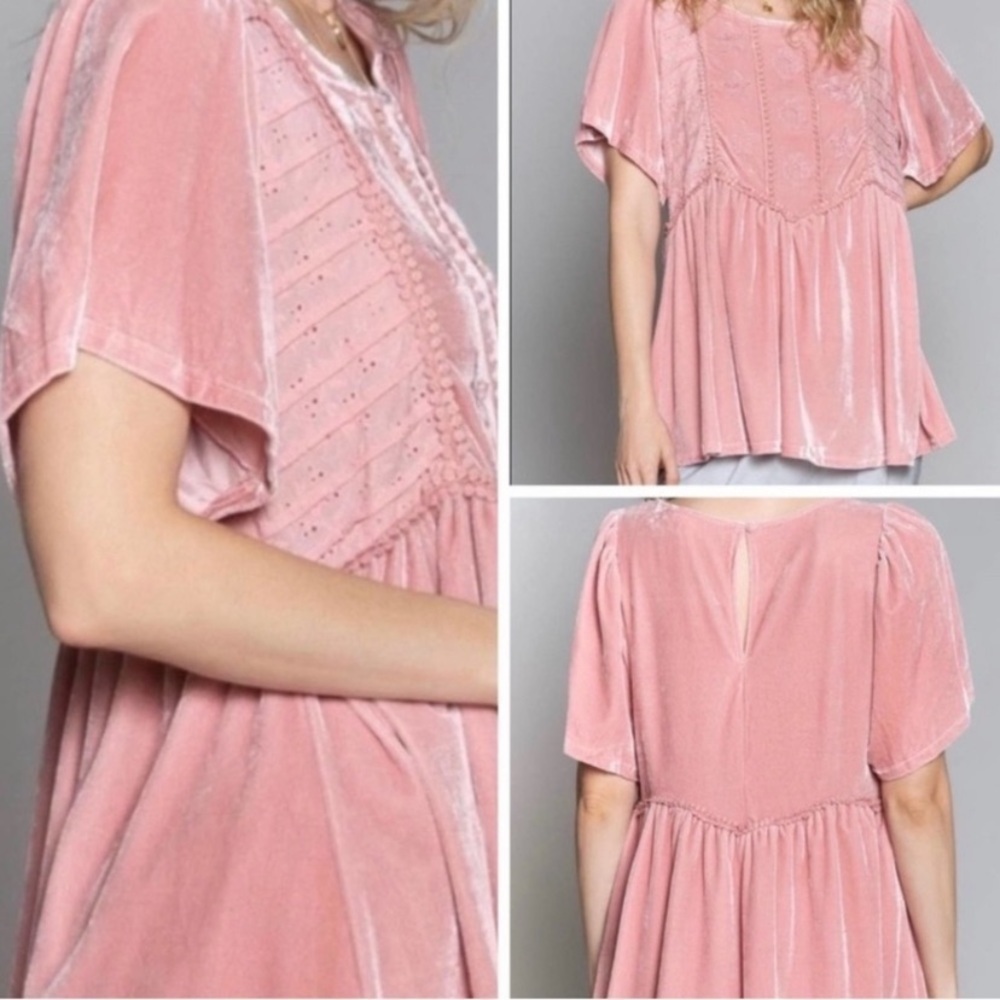POL Pink Crushed Velvet Short Sleeve Top